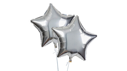 Two shiny metallic silver star shaped balloons isolated on transparent background © Oliver