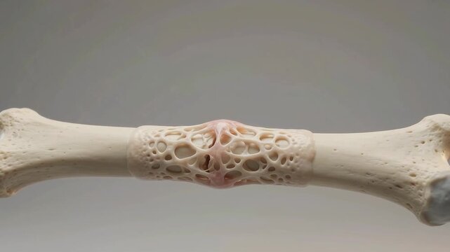 A detailed close-up of a human long bone model showing severe porous degradation and structural damage in its central section.