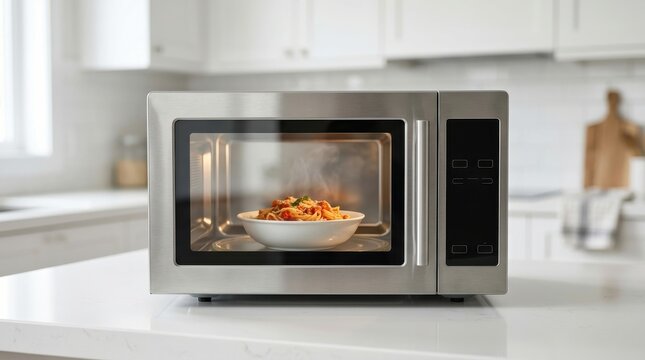 Stainless steel microwave oven with steaming food inside