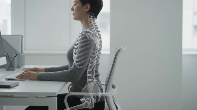 A woman with an overlaid skeleton demonstrating good posture while working at a desk in an office environment.