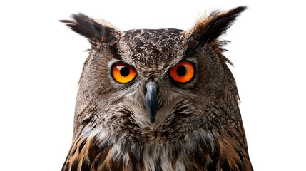 Obraz premium Close up portrait of a Eurasian eagle owl with piercing orange eyes and feathers