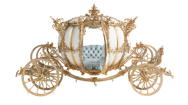 Ornate golden royal carriage with white exterior and blue tufted velvet interior