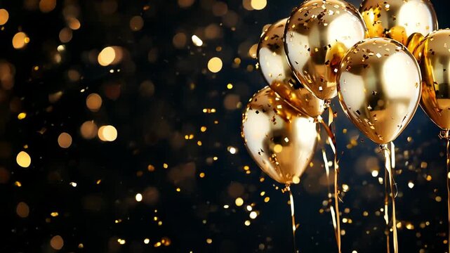 Gold balloons float in a dark space as confetti falls around them during a festive event