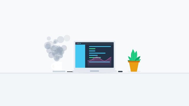 Modern Flat Workspace Illustration with Laptop and Coffee
