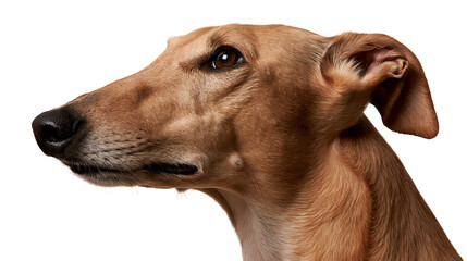 Close up profile portrait of a tan Greyhound dog head with alert brown eyes © dominica