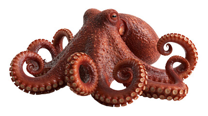 Red common octopus with textured skin and curled tentacles with suckers © dominica
