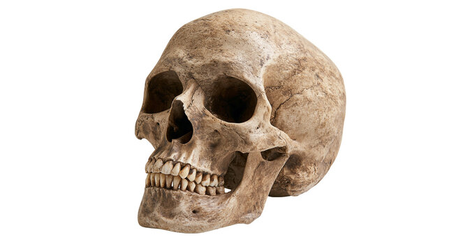 Weathered human skull with detailed bone texture and visible teeth