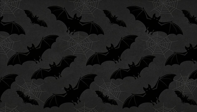 halloween seamless pattern featuring black bats and cobwebs on dark grey background spooky vampire bat vector repeat texture for holiday wallpaper backdrop textile paper design print art.