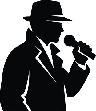 Silhouette of a man in a hat singing into microphone with trench coat