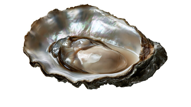 Fresh raw oyster in open shell with iridescent nacreous interior