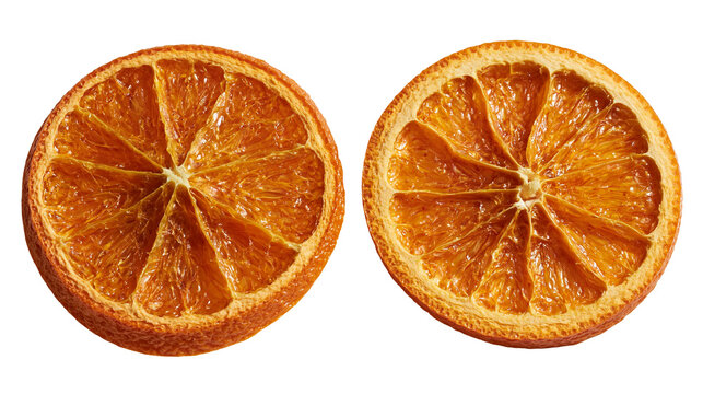 Two dried orange fruit slices with textured pulp and vibrant citrus peel