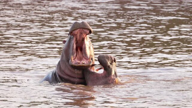 Hippopotamuses partially submerged in the water of Maasai Mara, Kenya, showing typical social behavior in their natural African habitat.