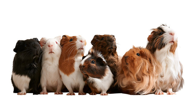 Group of diverse fluffy guinea pigs standing together in a row