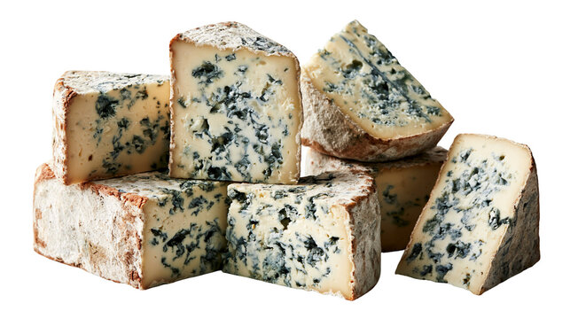 Wedges of creamy blue cheese with visible mold veins and textured natural rinds