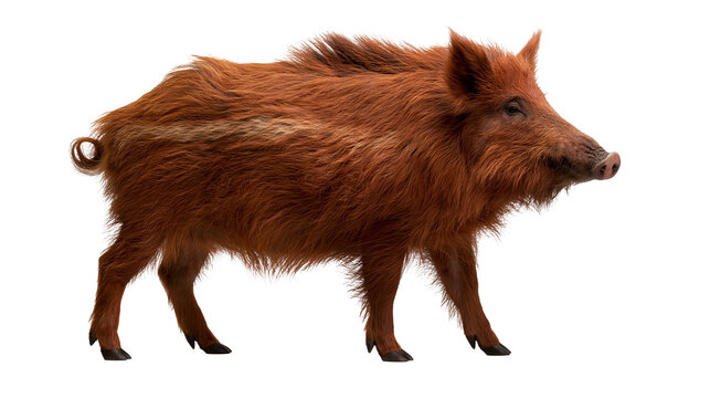 Brown wild boar standing in profile with thick shaggy fur and curly tail