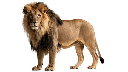 Majestic adult male lion with thick brown mane standing in profile © dominica