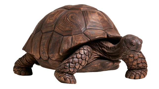 Detailed wooden carved tortoise sculpture with intricate shell texture