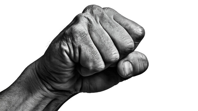 Clenched human fist showing wrinkled skin texture in black and white
