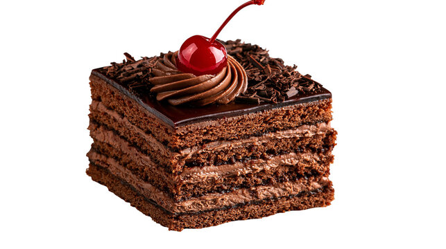 Square chocolate layer cake slice topped with ganache frosting and red cherry
