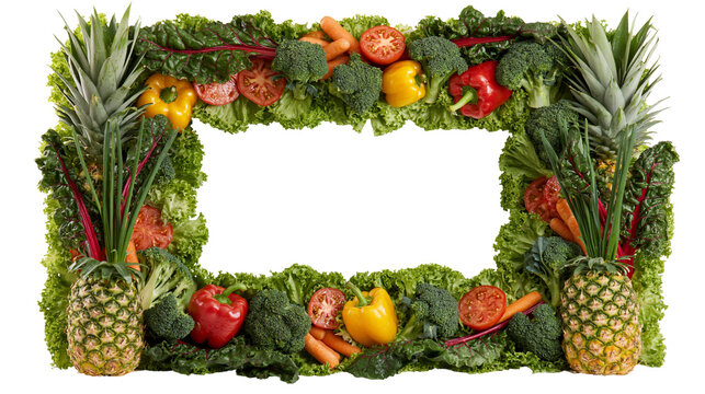 Rectangular frame made of fresh pineapples broccoli peppers, carrots and lettuce