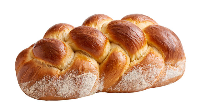 Golden brown braided challah bread loaf with flour dusting