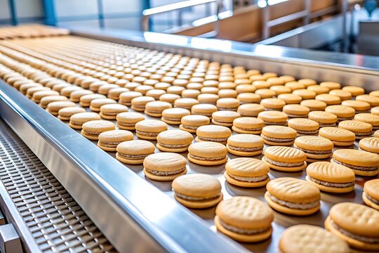Many sandwich cookies traveling on a metal conveyor belt in a food manufacturing facility