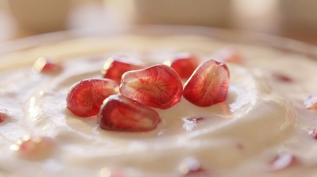 Pomegranate arils on fresh creamy yogurt
