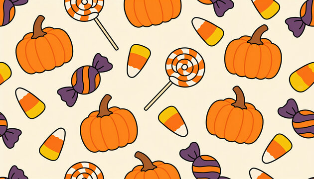halloween seamless pattern background featuring orange pumpkins candy corn and lollipops vector illustration cute autumn trick or treat wallpaper fabric design repeat print textile graph.