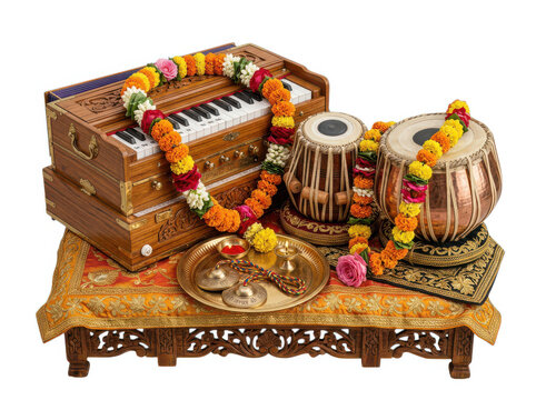 Traditional indian musical instruments harmonium and tabla decorated with flowers