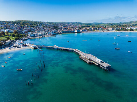 Aerial shot of Swanage Pier and Seafront, Dorset UK