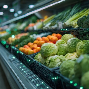 Fresh vegetables in a refrigerated display are monitored by smart freshness sensors, using ethylene detection and shelf life prediction to protect food quality and reduce waste across the cold chain
