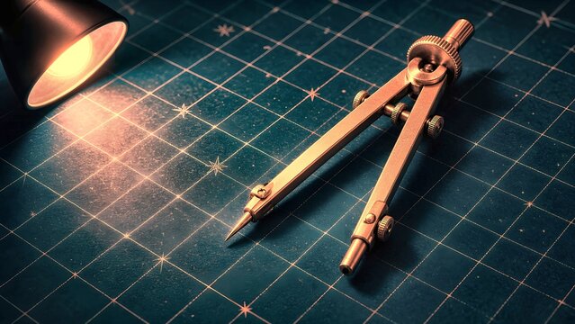 Vintage brass drafting compass lying on an astronomical grid chart under warm lamp light