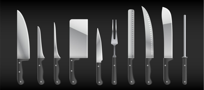 Knife, collection. Meat cutting kitchen knives set. Poster butcher diagram scheme, Meat Knife. Set butcher meat knives, butcher kitchen shop. Knife icon, knives silhouette. Vector illustration
