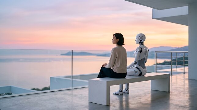 A woman and a robot sit on a bench, gazing at the serene ocean sunset. The modern architecture and peaceful atmosphere create a sense of futuristic tranquility