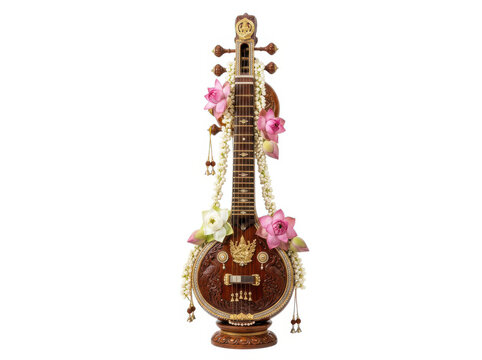 Traditional indian sitar string musical instrument decorated with colorful flowers