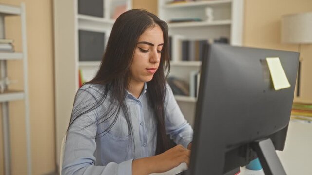 Young arab woman at computer forms heart with hands in building with bookshelves and monitor visible; warm affection.