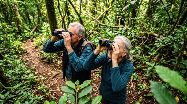 Active seniors enjoy life. Eager travelers stand on a mountain forest trail using binoculars to observe wild birds in the green canopy.