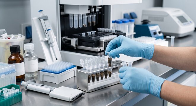 Laboratory technician preparing biological samples for automated nucleic acid purification and microbiome research