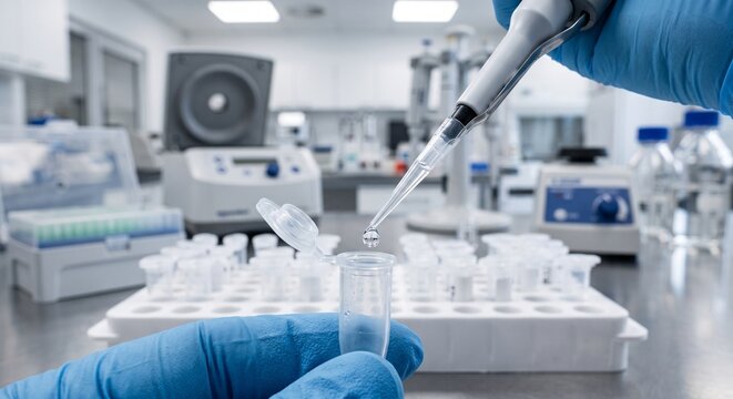 a laboratory pipette dispensing a tiny biological sample into a sterile microcentrifuge tube during microbiome research