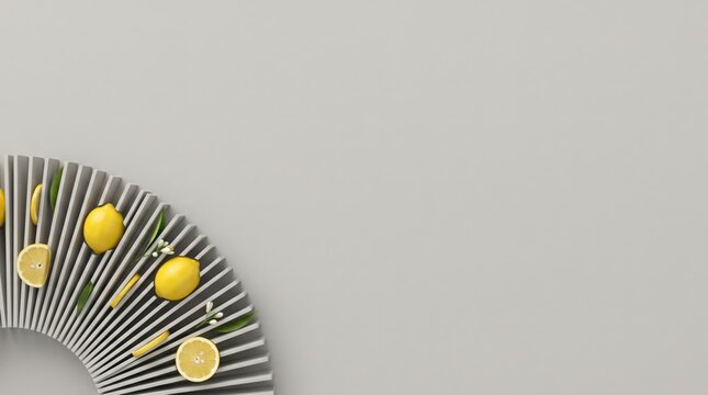 Bas relief pleated stone lemon frame with a corner citrus border and copy space background for luxury branding and premium skincare advertising