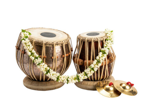 Traditional indian tabla drums decorated with fresh flower garlands for celebration