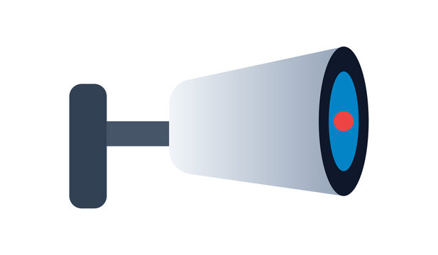 Modern surveillance camera with blue target reticle and red dot on grey and white gradient.