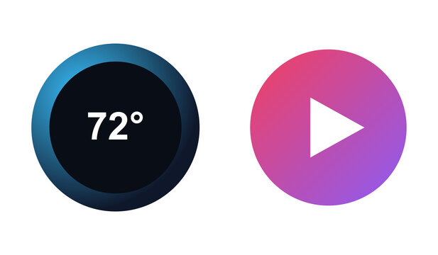 Digital thermometer displays 72 degrees with gradient blue circle and play button icon with pink purple gradient.