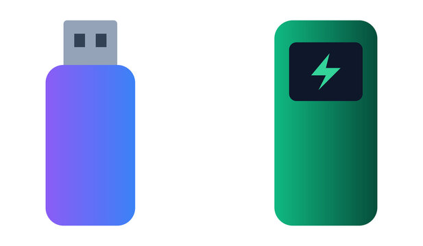 Usb flash drive and green power bank icons for digital storage and charging.