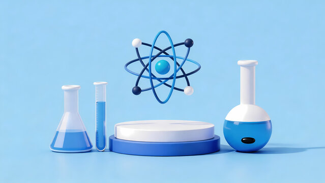 Scientific experiment setup with atom model floating above lab equipment on blue background