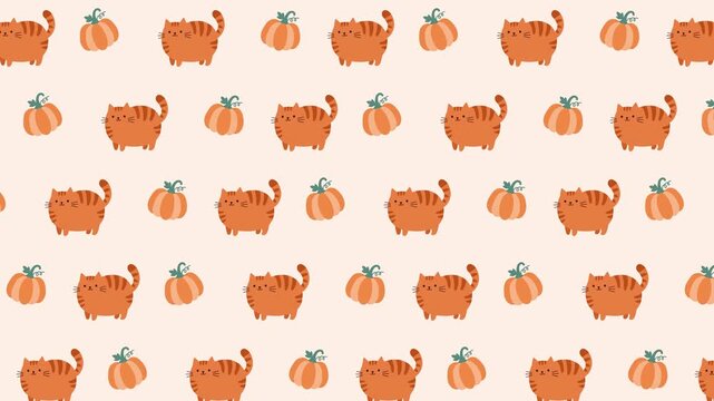 Seamless pattern animation with cute orange cats and pumpkins