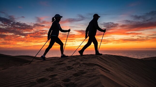 Active seniors enjoy life. Silhouetted walkers practice vigorous Nordic walking with poles on a sand dune against a vibrant sunset sky.