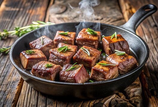 Sizzling Beef Cubes in a Cast Iron Skillet Garnished with Fresh Rosemary meat steak