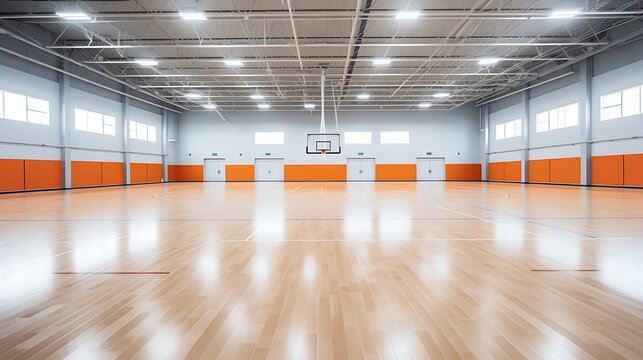 Empty basketball court with orange wall accents and shiny wooden floor.