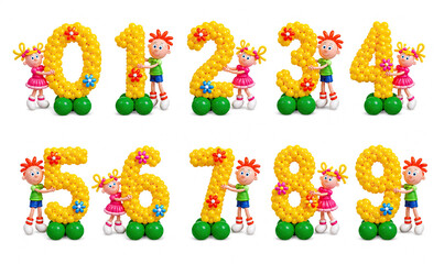 Fototapeta premium A playful set of inflated balloon numbers from one to nine are arranged in two rows on a white background.